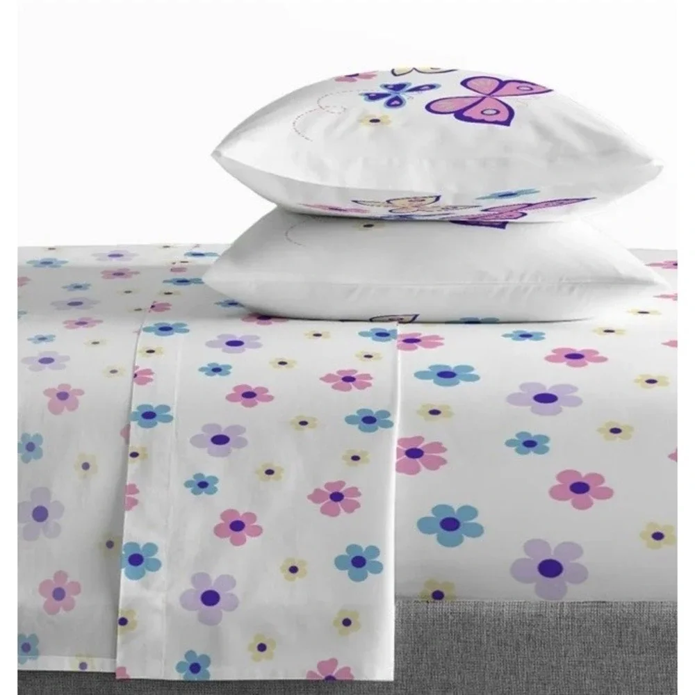 Sunny Side Up Butterfly Floral 4 Piece Toddler Bed Set Pink Purple Blue White